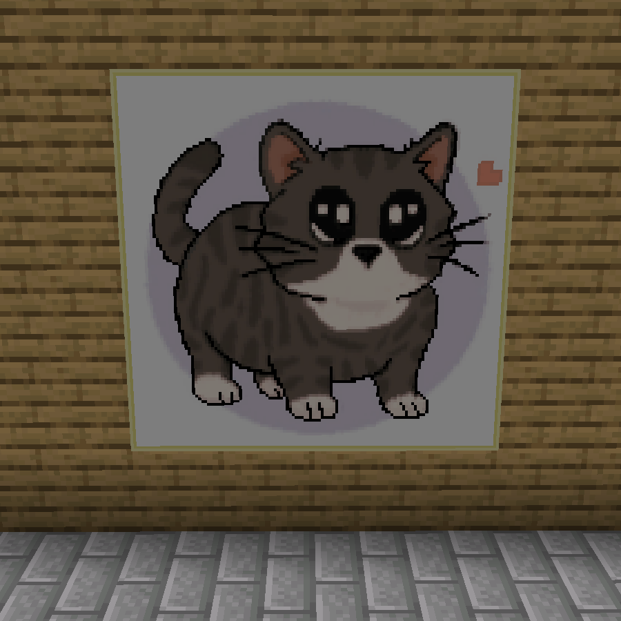Depiction of the commissioned artwork in-game (as a painting) on an oak plank wall
