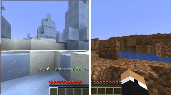 A split screen image showing ice towers and bare dirt