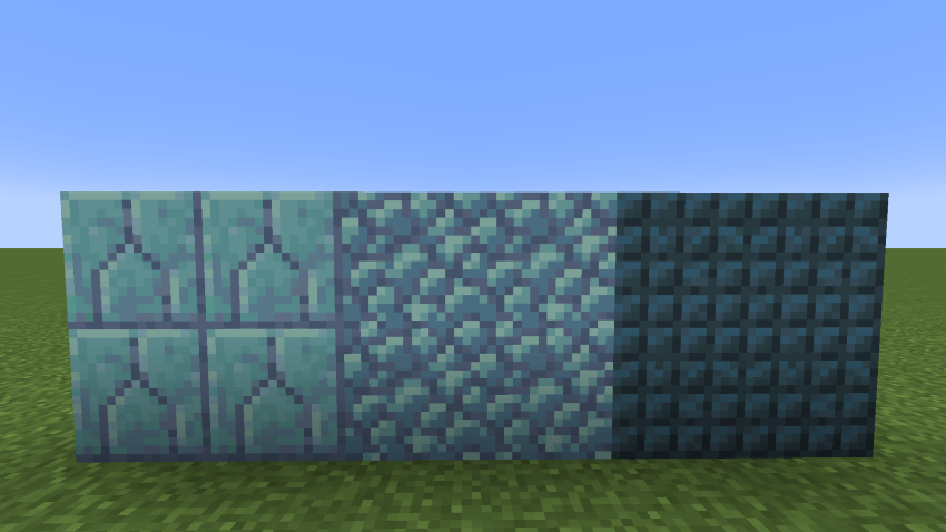 Prismarine, Prismarine Bricks and Dark Prismarine side by side showing the changes in colour.