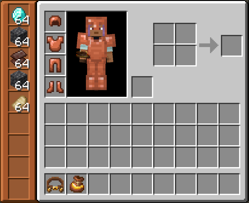 This image shows the expanded bundle GUI which has 1 vertical row of 9 slots on the left hand side of the inventory
