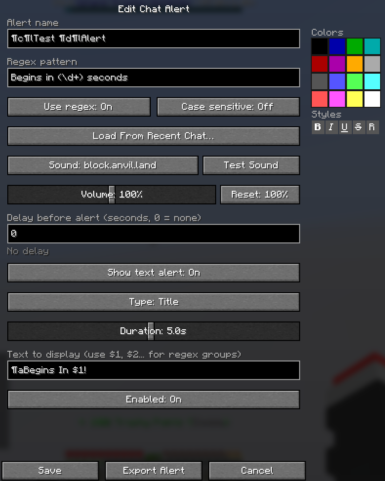 screenshot: The alert edit screen showing the text alert section with type selector, duration slider, and a text template field using a $1 placeholder