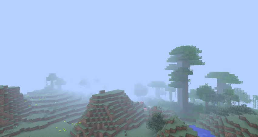 The fog is flat, in an area with a extreme hills biome and a jungle.