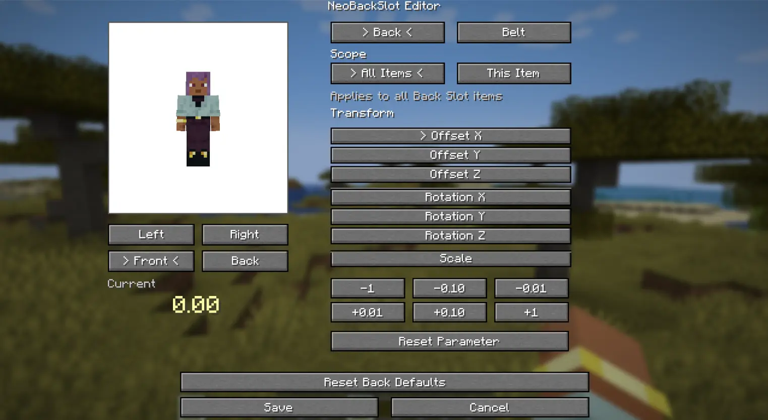 As of version 1.1.0, NeoBackSlot adds a live in-game editor for adjusting item position, rotation, and scale.