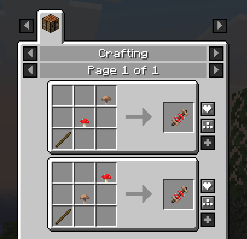 1 stick, 1 brown mushroom and 1 red mushroom in a crafting table