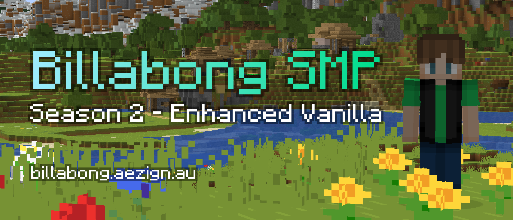 Banner of landscape with player standing to the right, and text that says "Billabong SMP, Season 2 - Enhanced Vanilla, billabong.aezign.au".