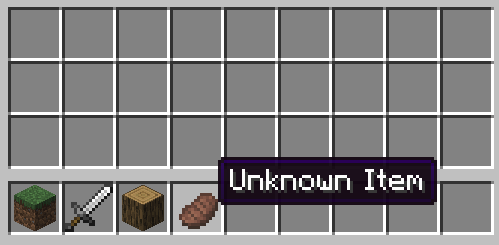 A screenshot of a player's inventory containing a few items, a steak is highlighted and its name is displayed as "Unknown Item"