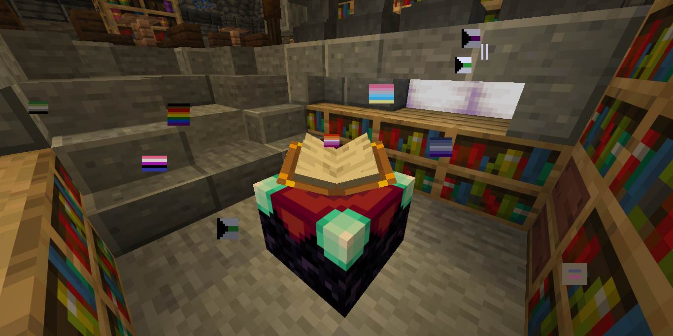 A screenshot showing that some of the Enchanting Tables' Standard Galactic Alphabet particles have been replaced by various Pride Flags