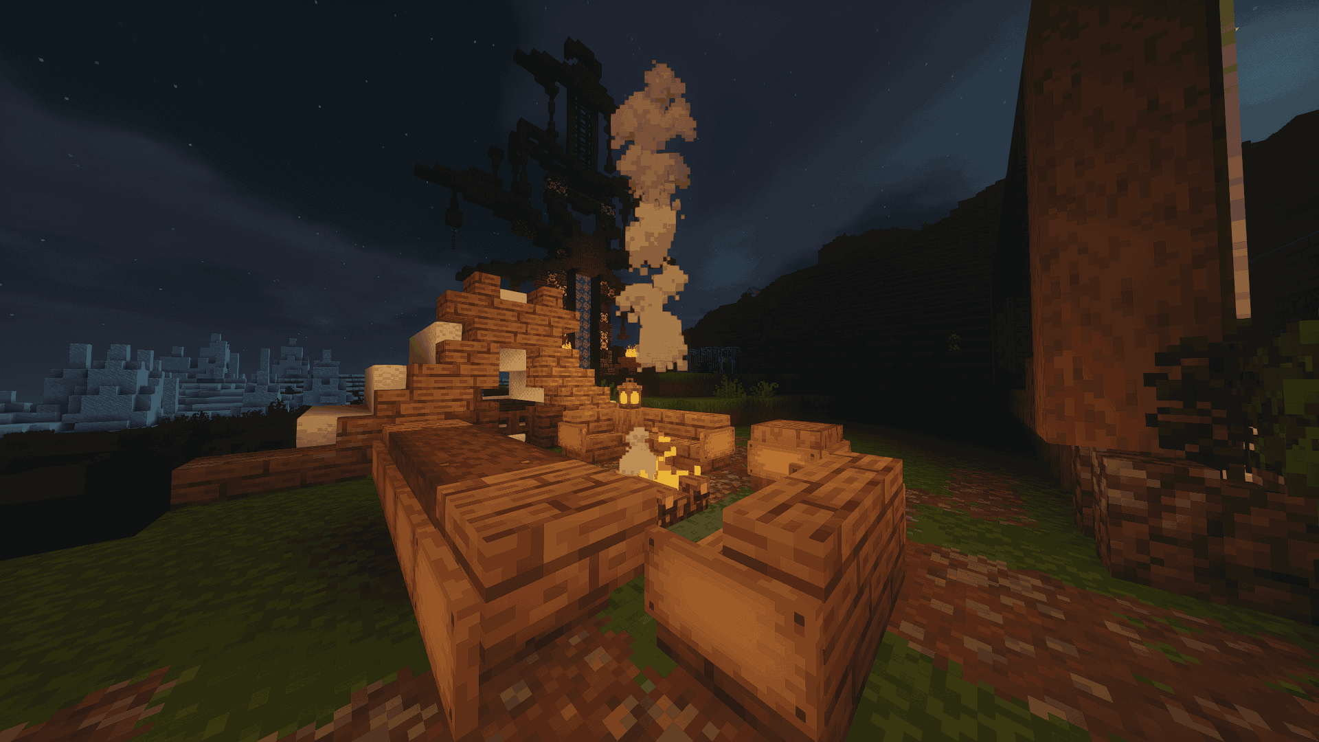 Campsite With a White Tent and Giant Nether Portal Sword