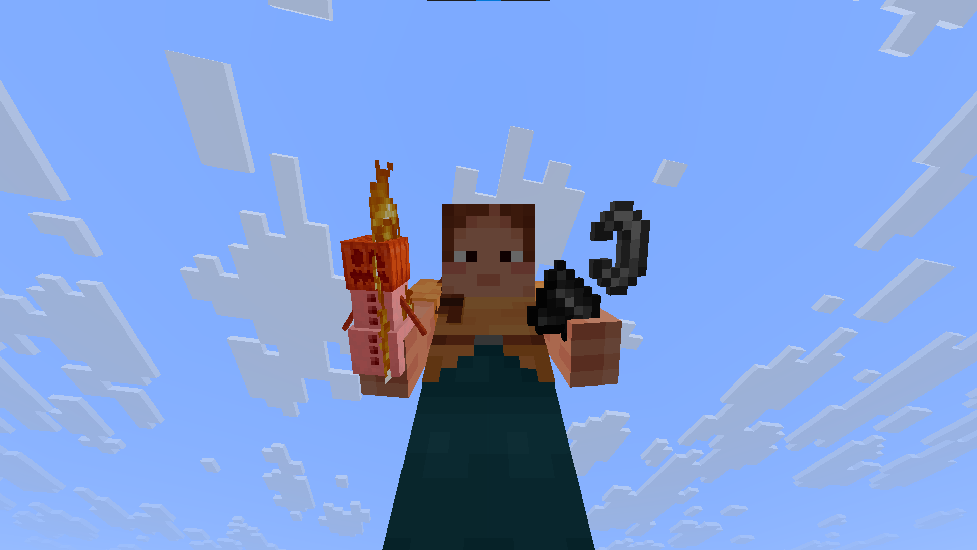 a screenshot showing the player holding flint and steel in one hand and a mob in the other