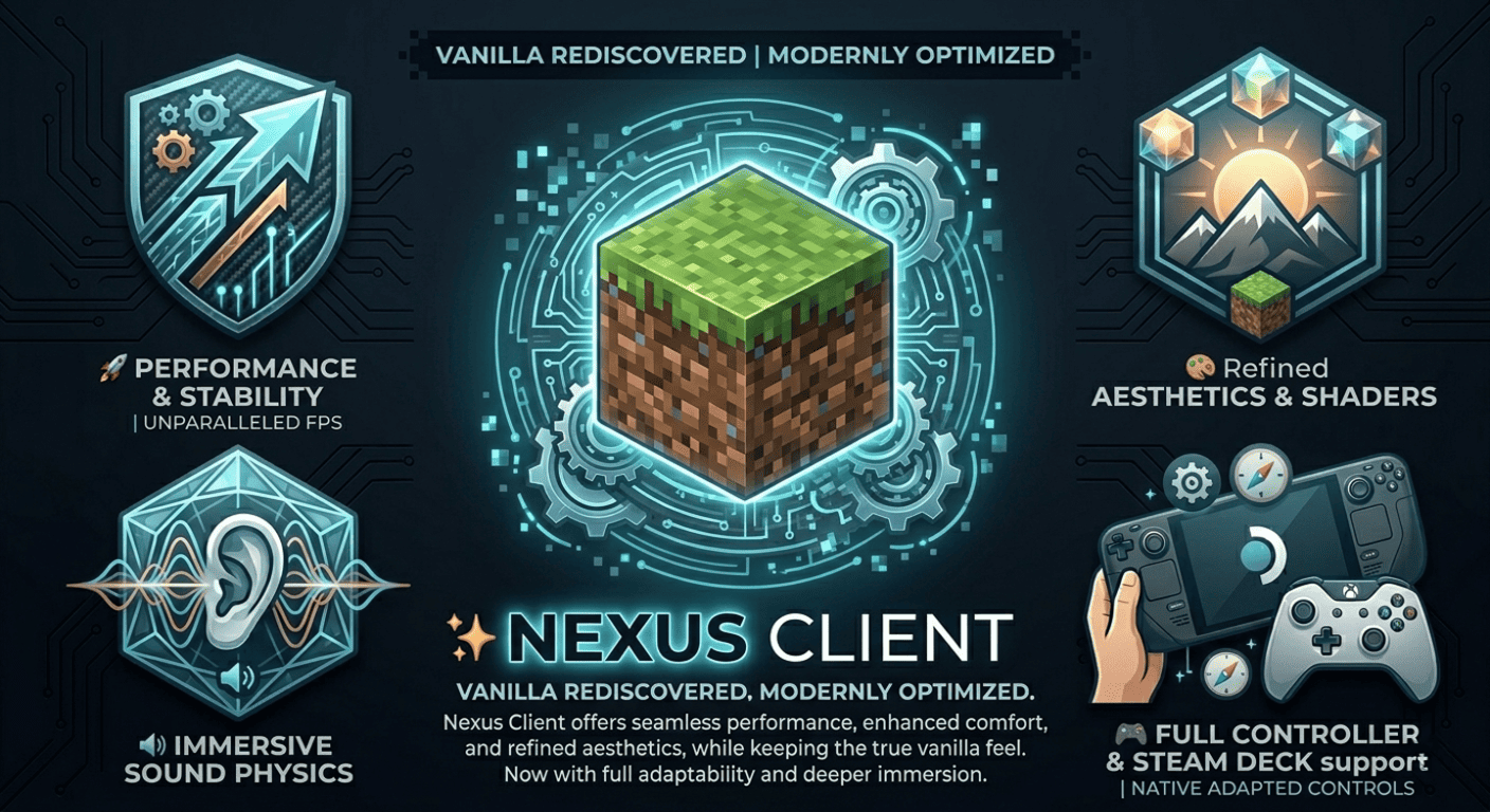 Promotional graphic for "Nexus Client," a Minecraft optimization modpack. The central image features a glowing, high-definition Minecraft grass block surrounded by cyan digital circuits and gears. Four feature icons surround the center: a shield for "Performance & Stability," a mountain landscape for "Refined Aesthetics & Shaders," an ear with sound waves for "Immersive Sound Physics," and a Steam Deck with a controller for "Full Controller & Steam Deck Support." The text describes the client as "Vanilla Rediscovered, Modernly Optimized," focusing on seamless performance and enhanced comfort while maintaining the original game feel.