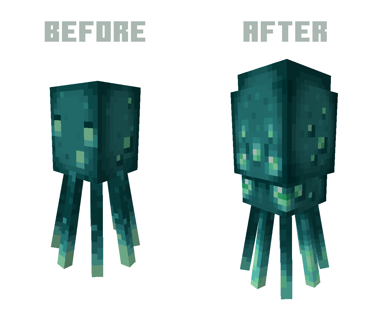 Two images of a glow squid. In the first image, no resource packs are enabled. In the second image, the 'Slightly Squidier' resource pack has been applied.