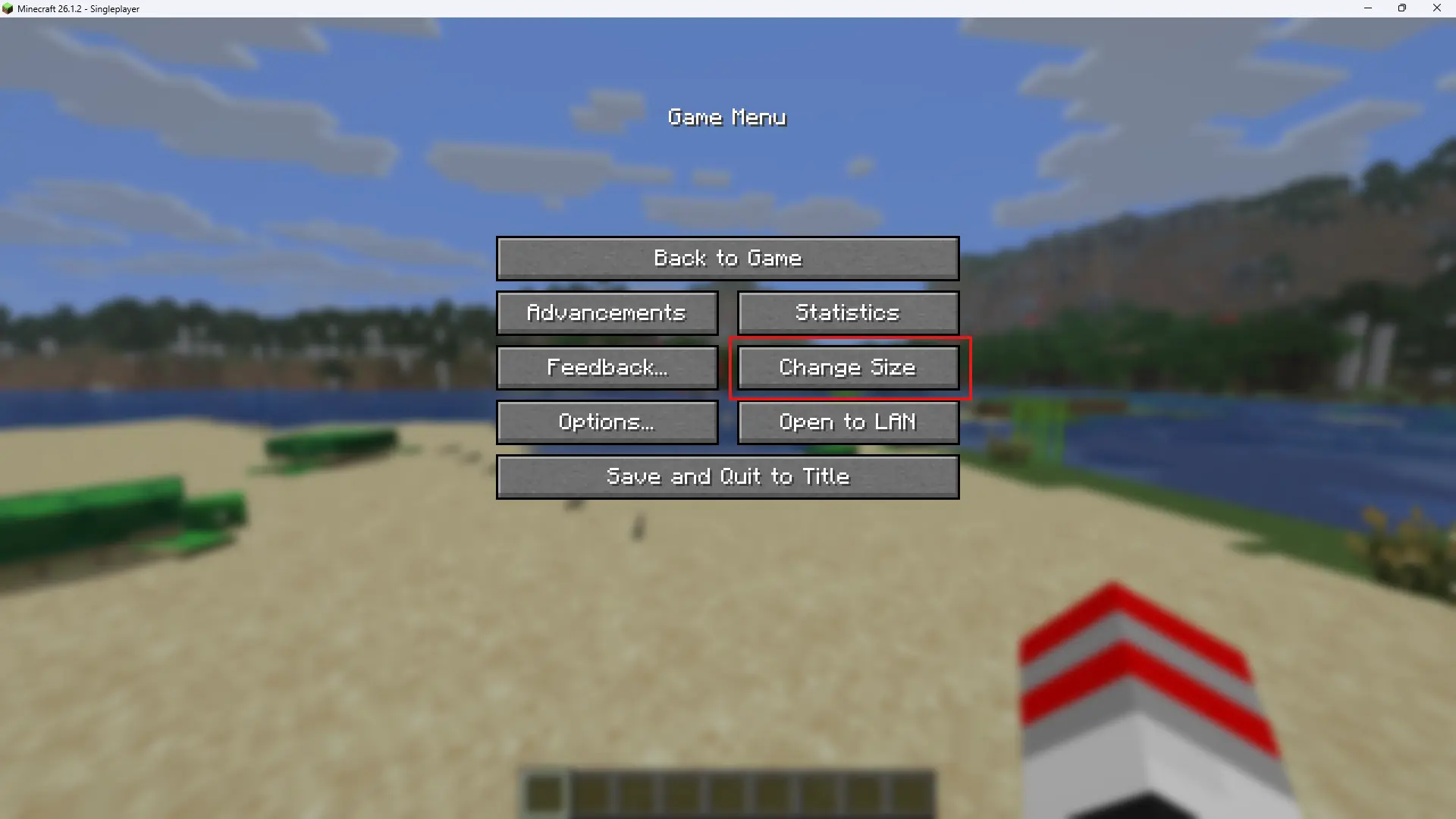 Picture of the minecraft pause screen with the button "change size" marked in red.