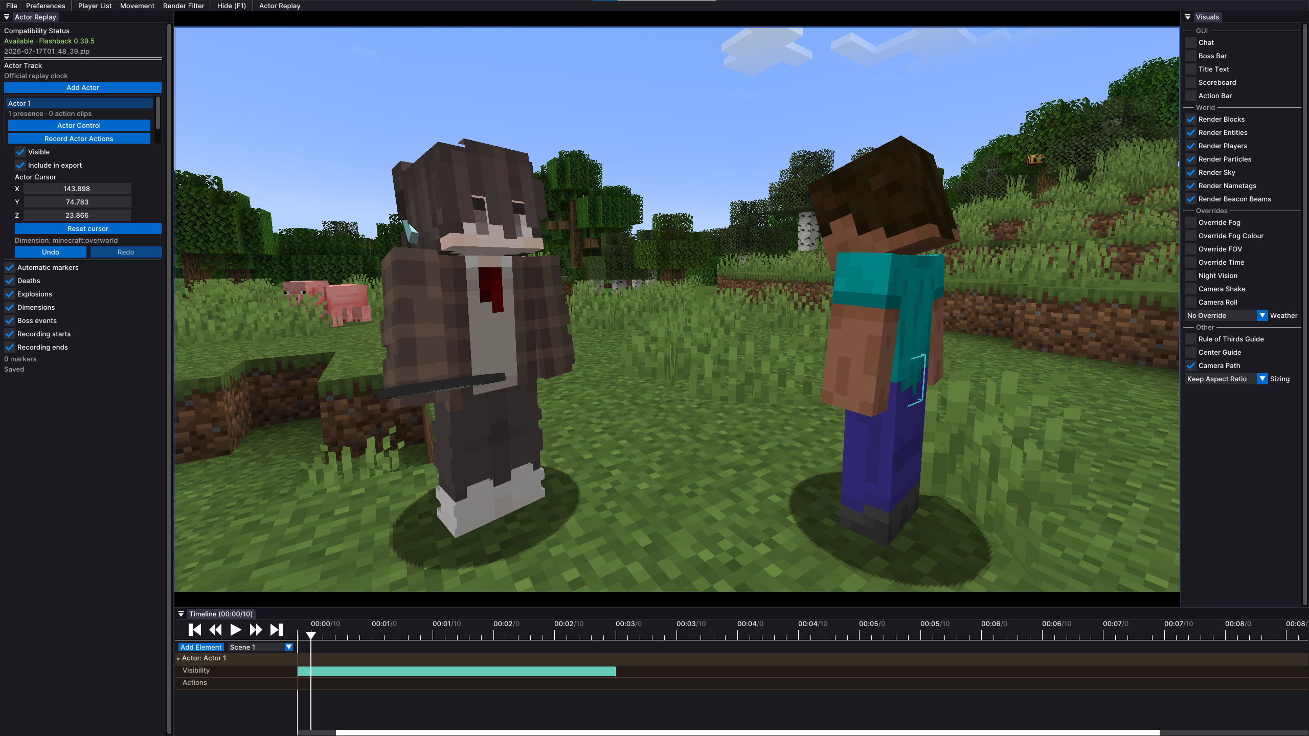 The Flashback replay interface with the Flashback Actor Replay addon panel visible on the left, showing actor creation, controls, and actor timeline tracks
