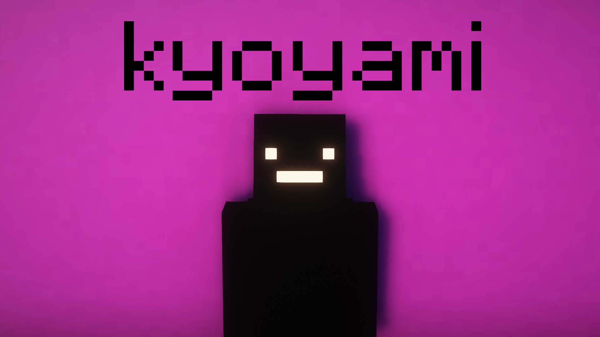 A totally black minecraft skin with an indifferate, bored face infront of a pink background and the text "kyoyami' above the head of the minecraft skin