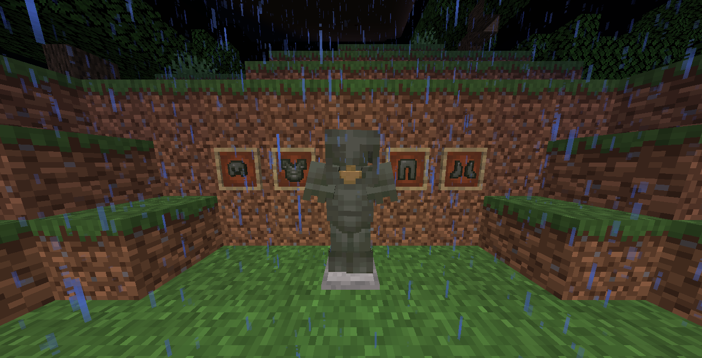 A full set of Gloomsteel Armor on an armor stand and in item frames