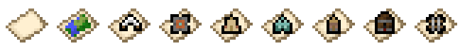 Nine retextured maps in a line, each of which displaying a unique icon or style reminiscent of the paper-like style of old map textures