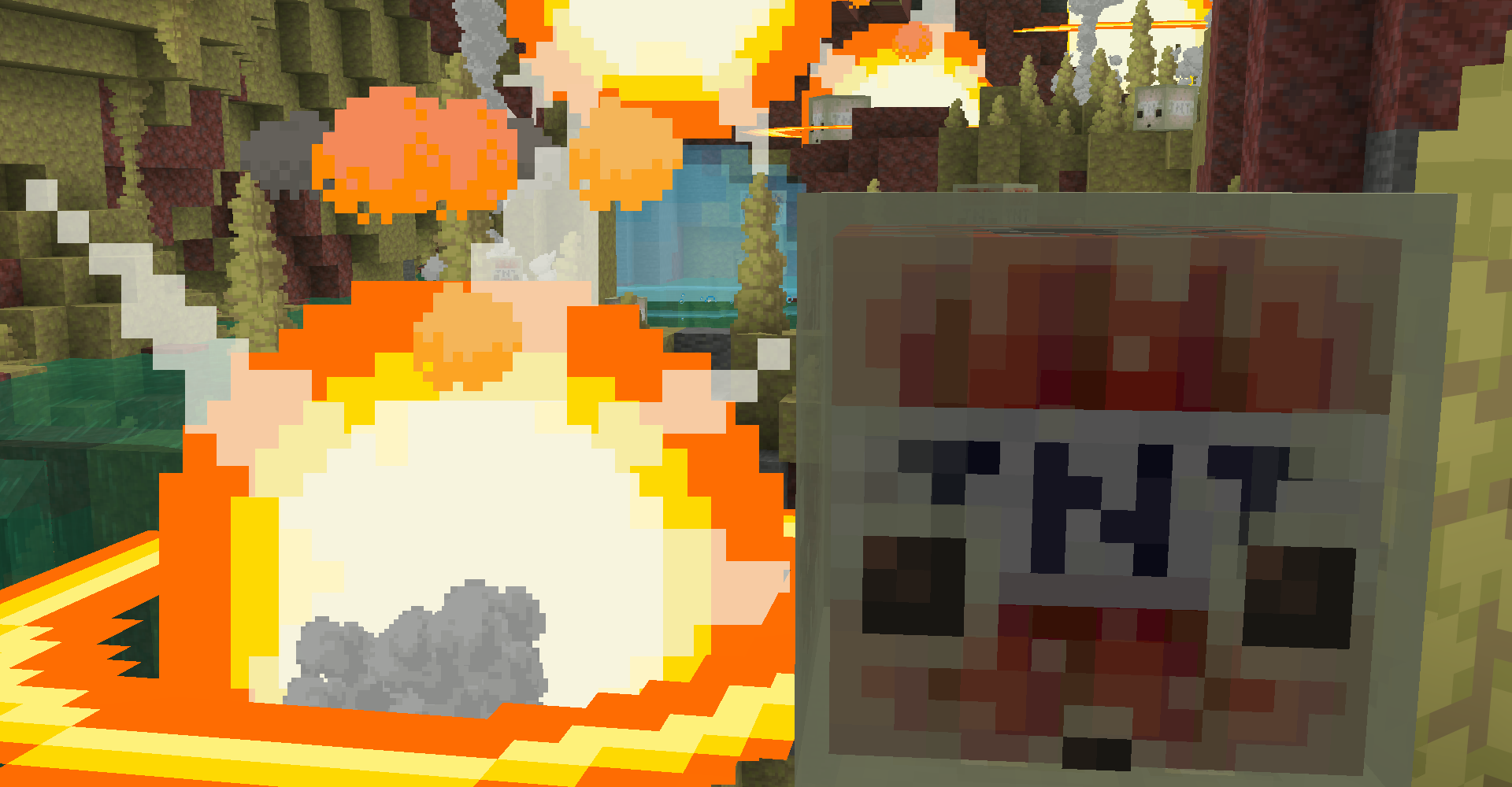 A possibly evil sulfur cube who inhaled a block of tnt sits in front of various explosions in a sulfer cave.