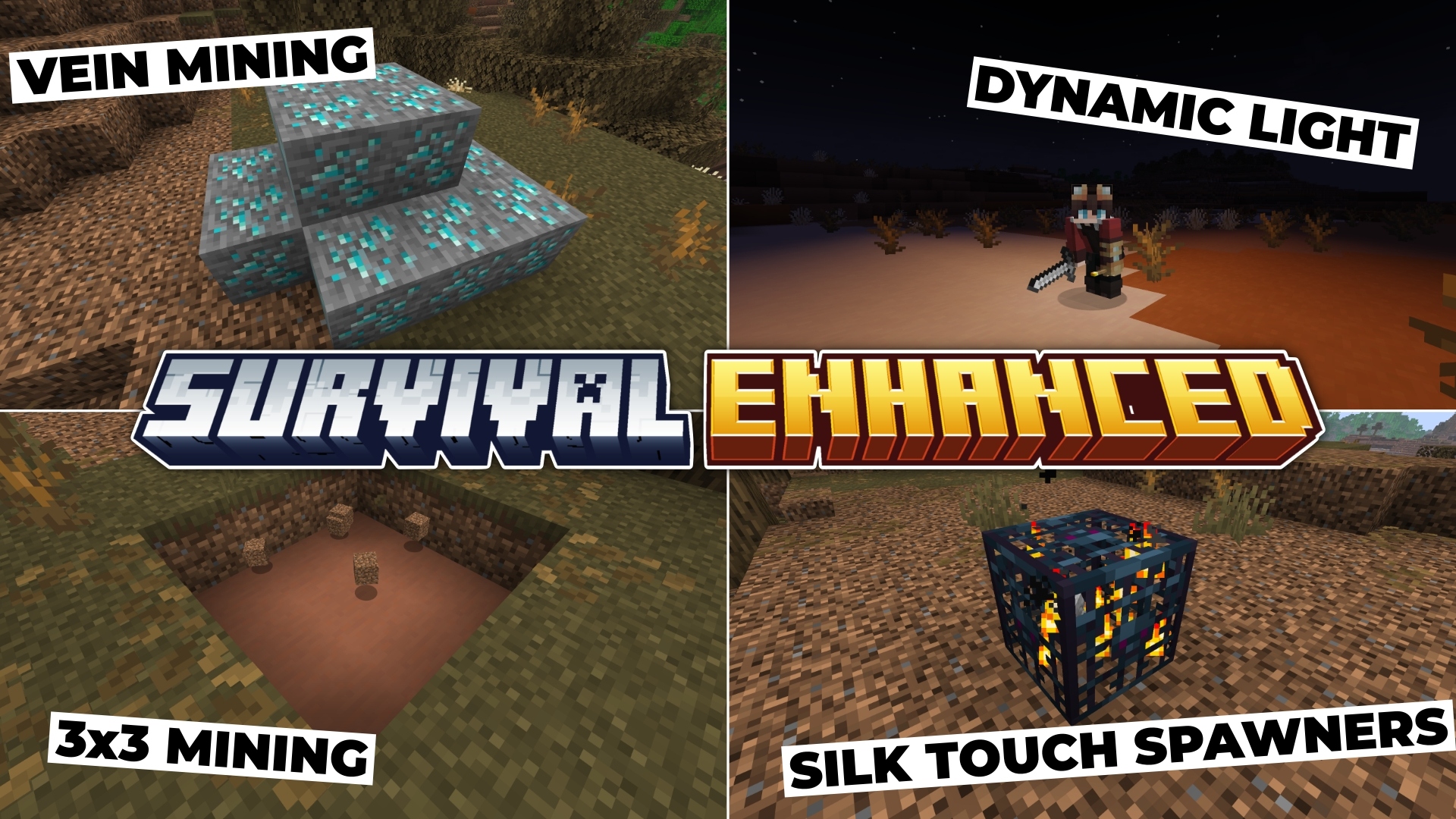 Picture of the different functions like dynamic light with a torch in the hand, vein mining, 3x3