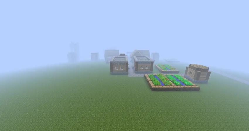 The fog is rounded, on a superflat world with a village.
