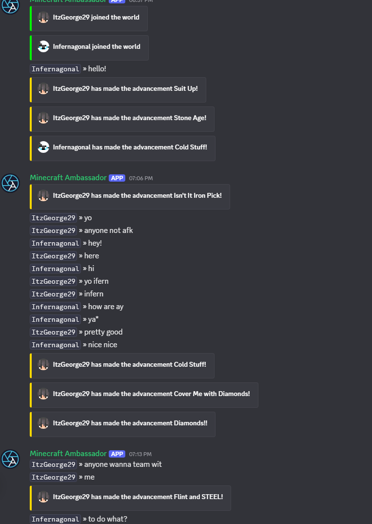 A Discord chat log from a "Minecraft Ambassador" bot tracking server activity and player chat. It shows players "ItzGeorge29" and "Infernagonal" joining the world, chatting casually, and triggering a sequence of custom game advancements highlighted with yellow borders. Within a short span of conversation, player "ItzGeorge29" triggers advanced achievements in rapid succession, including "Suit Up!", "Stone Age!", "Isn't It Iron Pick!", "Cold Stuff!", "Cover Me with Diamonds!", "Diamonds!!", and "Flint and STEEL!".