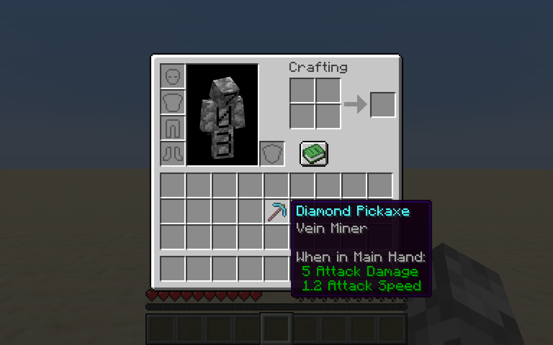 An enchanted pickaxe with the "Vein Miner" enchantment.