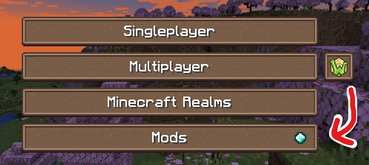 Minecraft's main menu with a big arrow pointing at the mods button from the mod menu mod