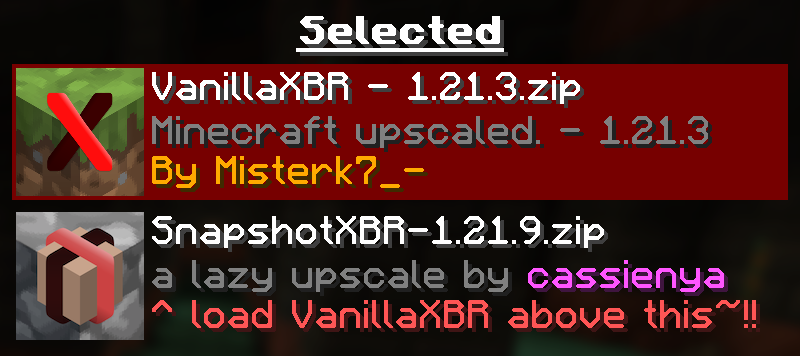 Minecraft resource pack screen with VanillaXBR loaded above SnapshotXBR