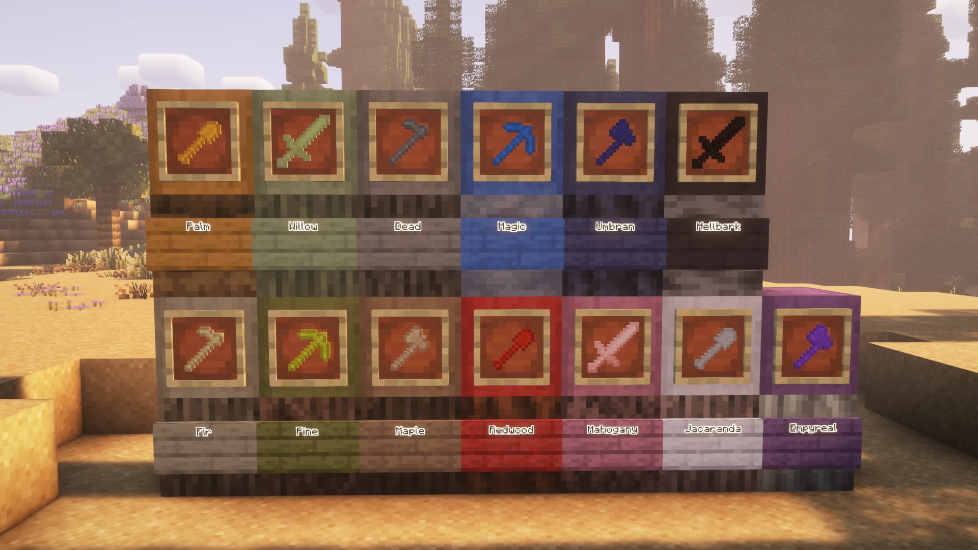 A screenshot of minecraft showing a showcase of different Biomes O' Plenty woods, and tools with the same colors made with those woods.