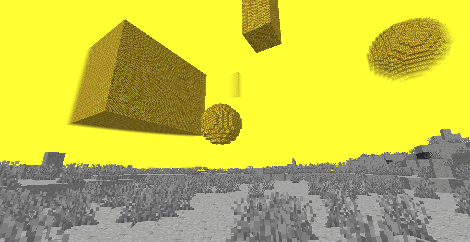 Random 3d shapes in Geo Dimension with some of the ground showing at the bottom