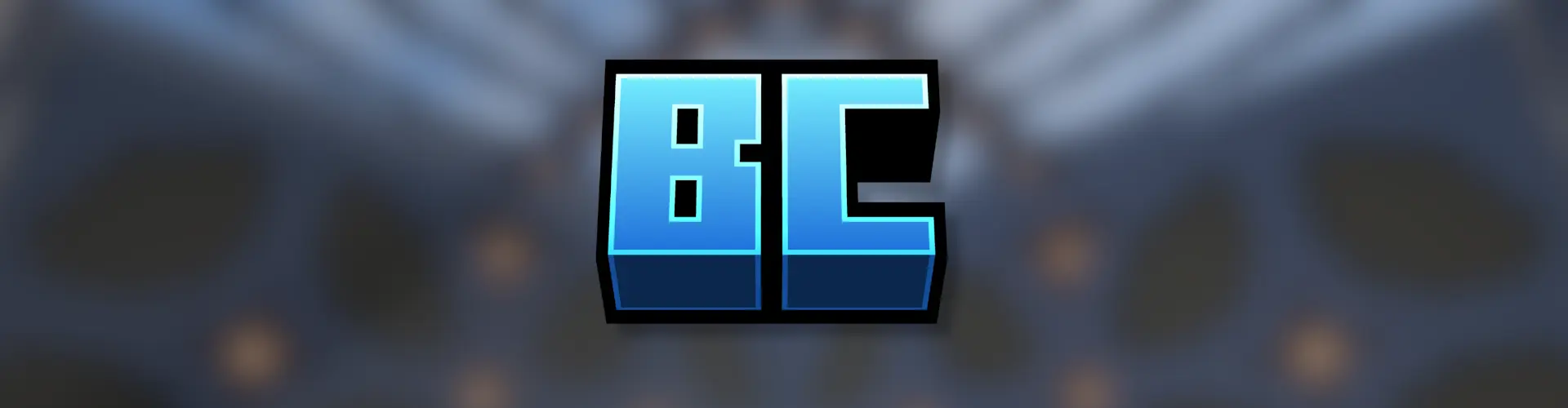 The banner image for the plugin. It's blue text in a modernized minecraft style that says "BC". It's on top of a blurred background which is an image of an example plot design for the plugin.