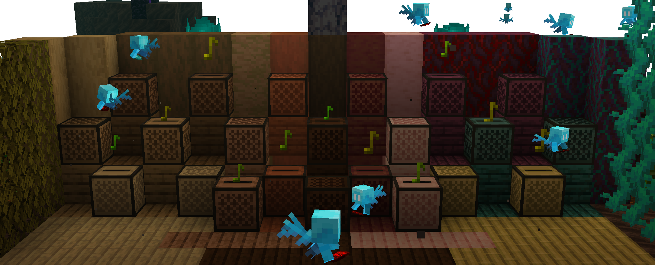 Allays flying around Jukebox and Noteblock variants in a Soul Sand Valley