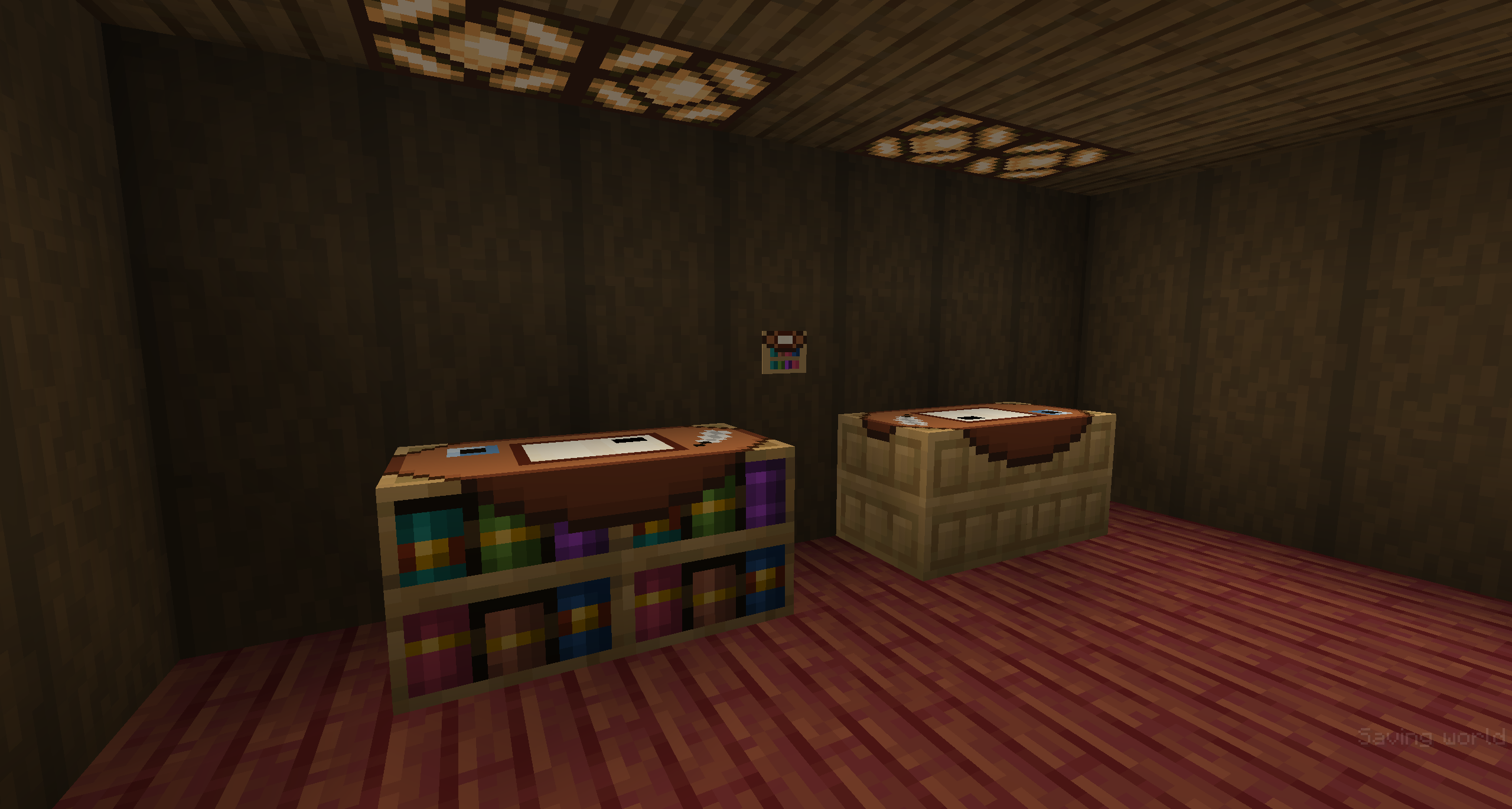 A room featuring both sides of the writing desk, it appears to be a mix between a crafting table and a chiseled bookshelf