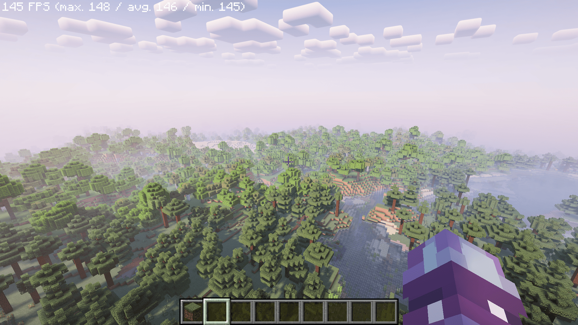 A scene of minecraft with shaders enabled, averaging 150 frames per second