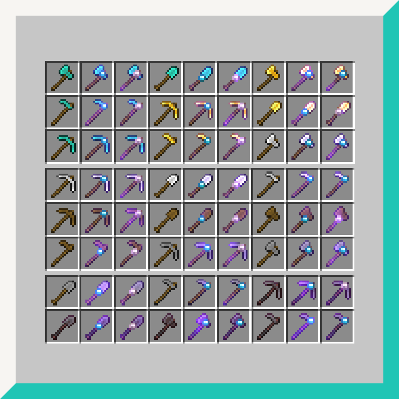In-game screenshot showing each tool and its respective jewel texturee for the enchantment.
