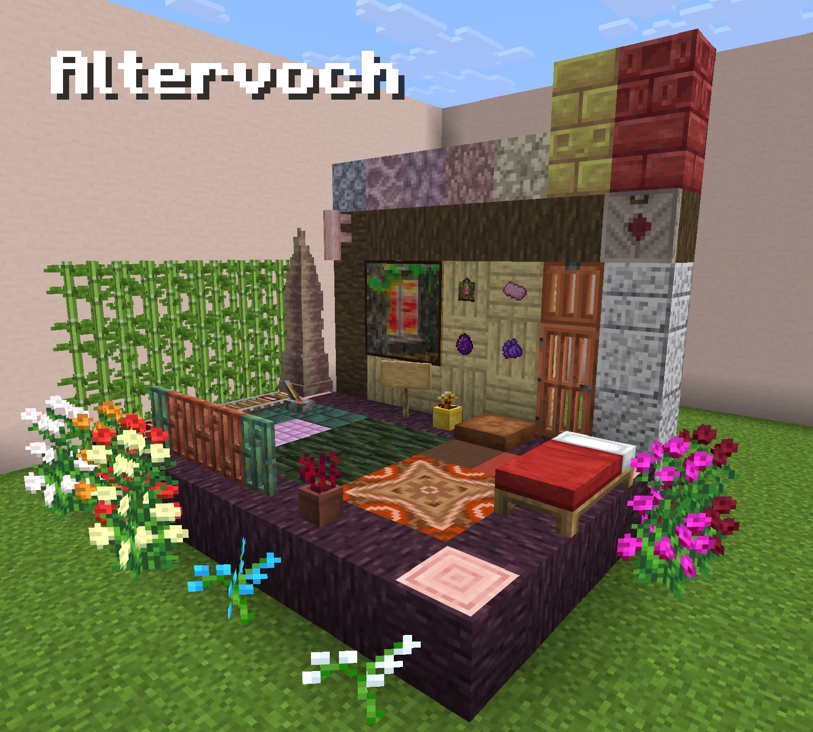 A stage made of Minecraft blocks and items with modified models and textures.