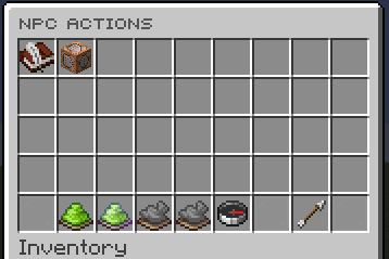Action list showing command, message, sound, wait, permission, random, and movement actions