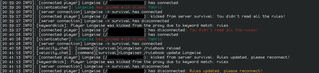 Server Logs showing what happens when a player gets kicked