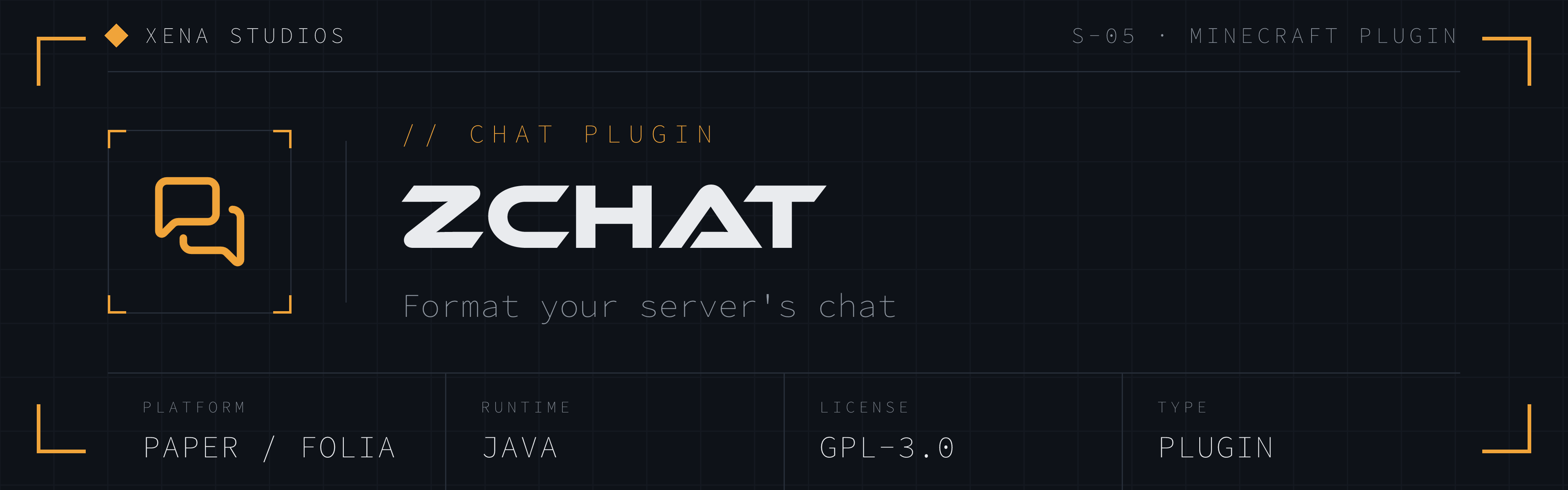 zChat by Xena Studios, a chat plugin for Paper and Folia. A chat-bubble icon and the zChat wordmark on a dark mission-control style banner with the tagline "Format your server's chat."
