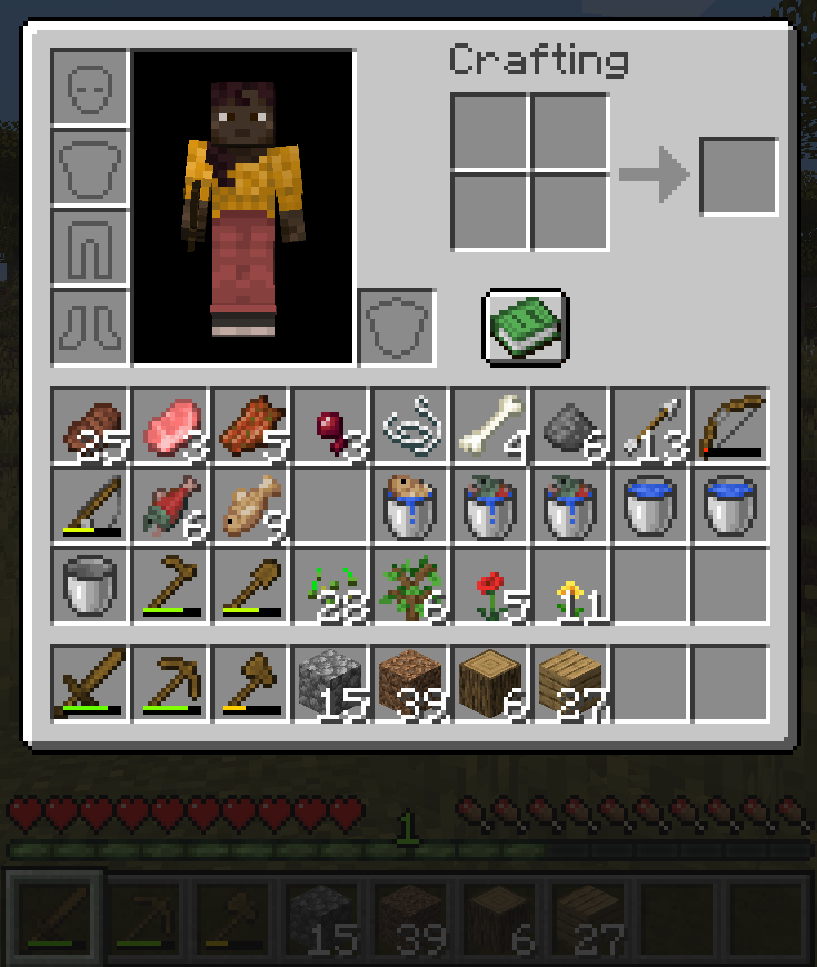 Minecraft inventory filled with survival items. Tools and blocks in the hotbar/4th row, farming items in the 3rd row, fishing items in the 2nd row, and mob drops in the 1st row.