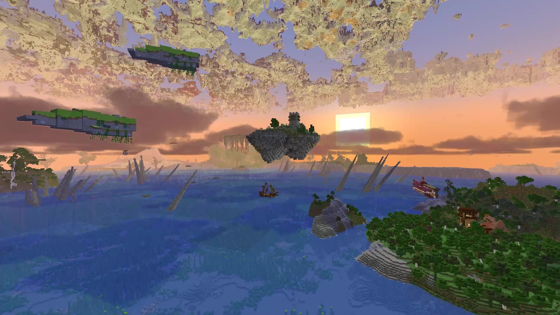 A panorama of the ocean, dotted with islands and strange stone spikes. A lone castle sits on a floating isle, watched by two Sky Whales. Up above, The End can be seen through the clouds.