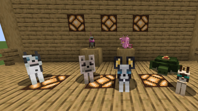 A showcase of all the custom mobs. There are seven in total; three dogs, a cat, a tortoise, a bird, and a Stand