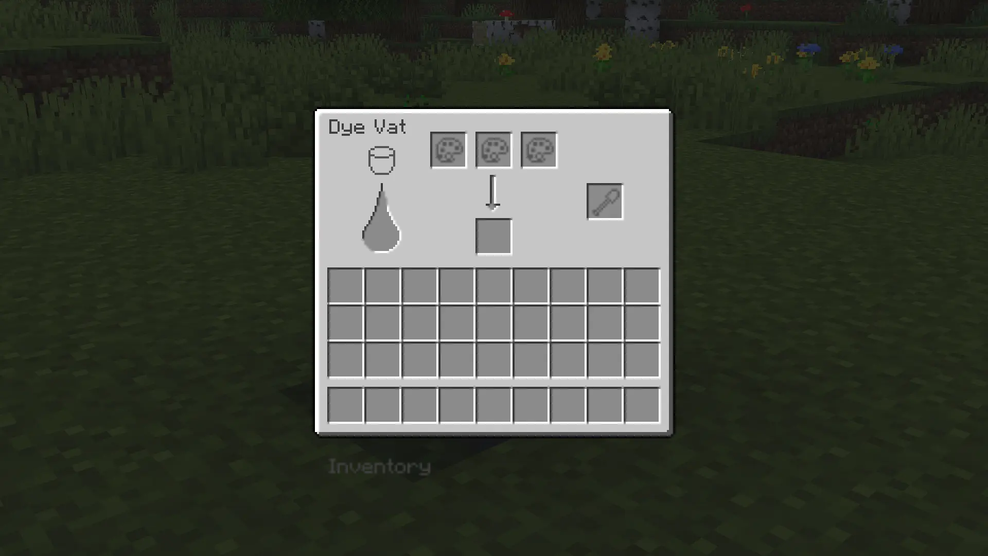 A menu for a dye vat is on screen in the minecraft UI style. it has an inventory below, with 3 slots above with paint palette icons on them. On the left of the UI is a big water droplet shape with a bucket icon above it. On the right of the UI is a slot with a shovel icon in it. The three slots lead with an arrow to another empty slot below it.