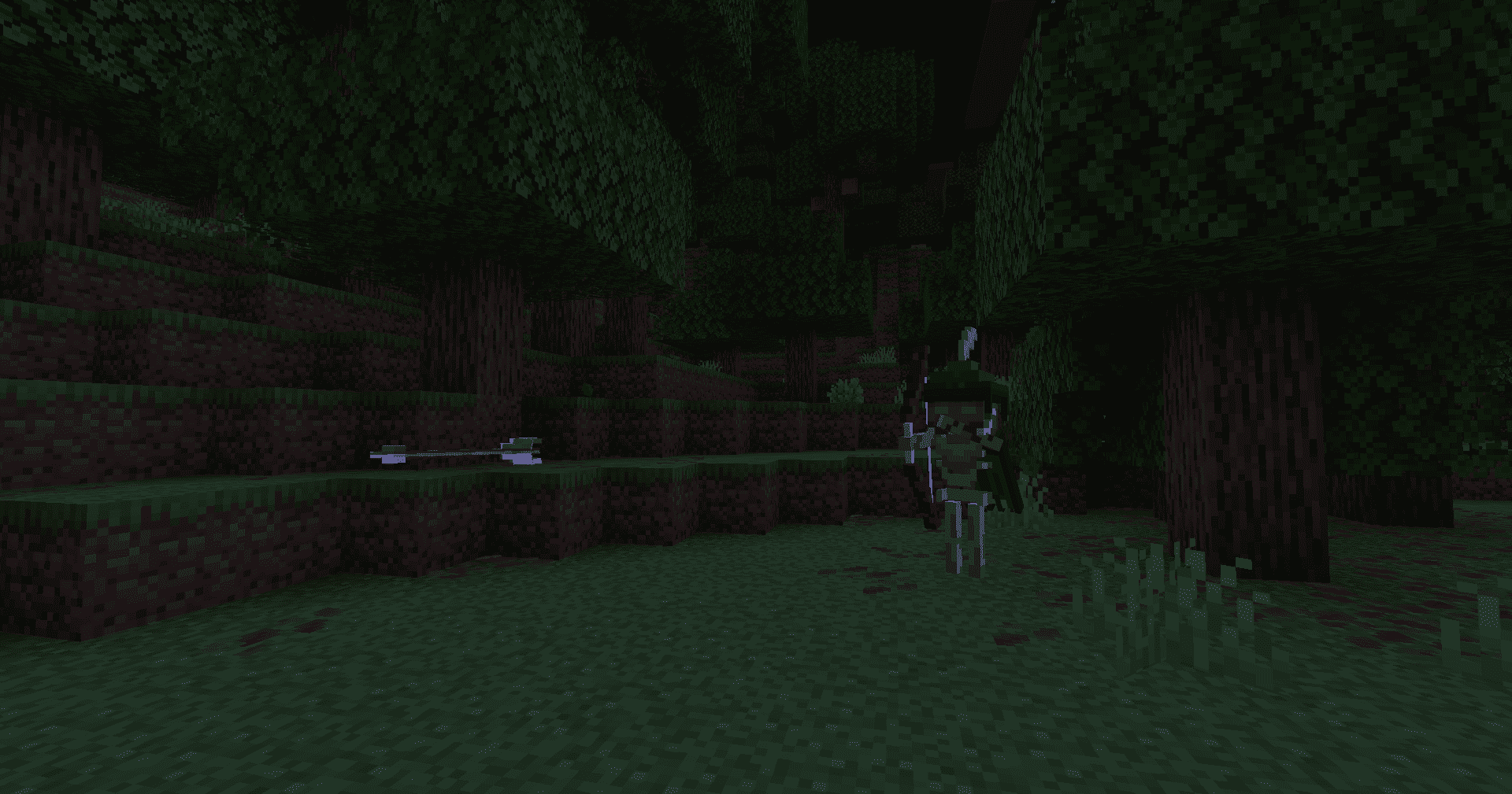 Robin shooting an arrow, at night, in a forest