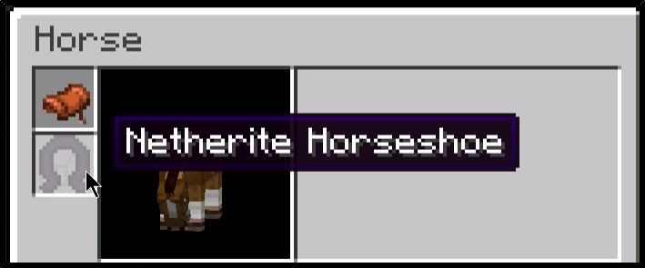 Netherite Horseshoe equipped in a horse's armor slot.