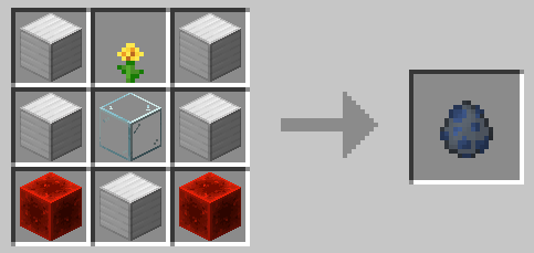 Row 1: Iron Block, Dandelion, Iron Block. Row 2: Iron Block, Glass, Iron Block. row 3: Redstone Block, Iron Block, Redstone Block