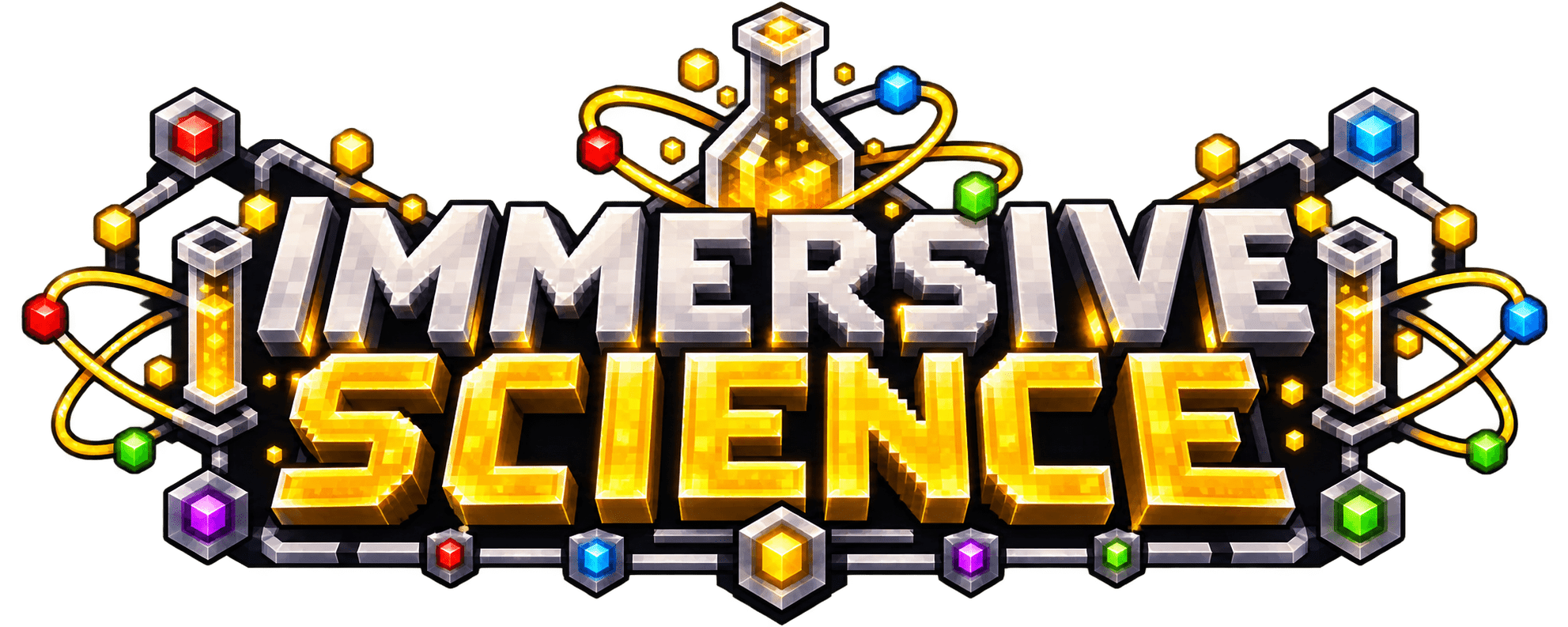 Immersive Science rendered as a block-built laboratory title surrounded by a flask, glass tubes, and colorful atomic nodes