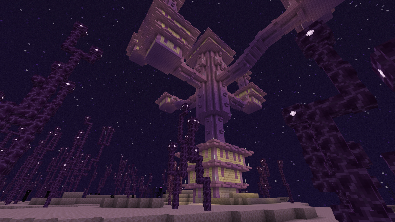 A screenshot of the End with the resource pack enabled. Chorus plants are surrounding an End City. The lighting is tinted purple as opposed to green, and the sky is purple with stars.