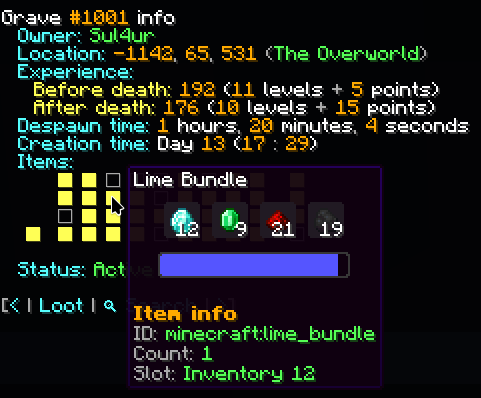 Hovering over a square in the Items field shows the information of that item in that slot.