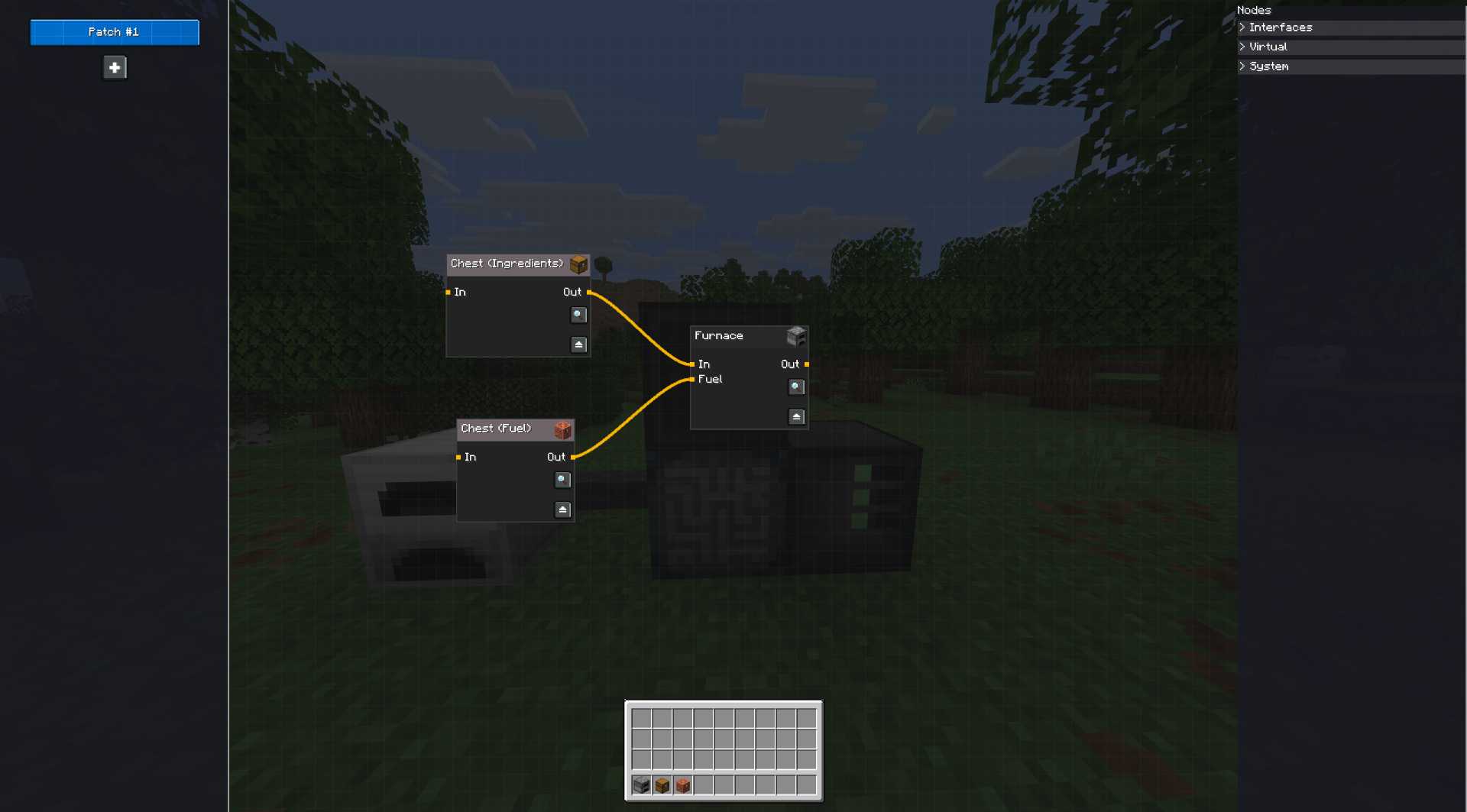 The Patchwork node editor, showing a patch containing a furnace with two inputs, a chest, and a copper chest, acting as the ingredients and fuel input, respectively.