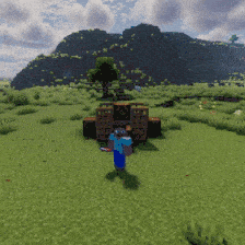 A player standing infront of a collection of doors, trapdoors, and other noisy blocks, activating them with the redstone scrambler